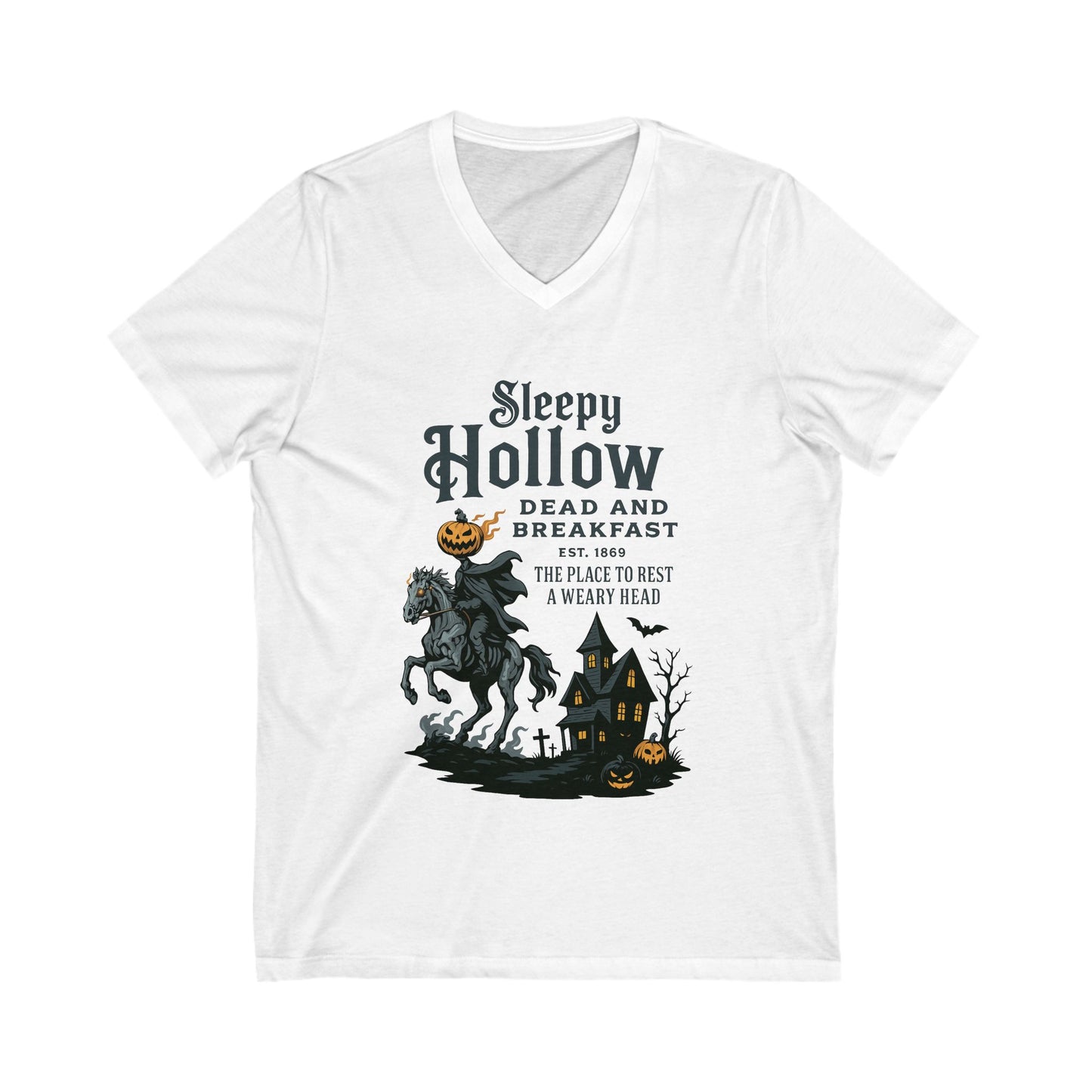 Sleepy Hollow Dead and Breakfast Tee, Halloween Shirt, Fall Apparel, Unisex Short Sleeve, Ghost Story Shirt, Eerie V-Neck Top