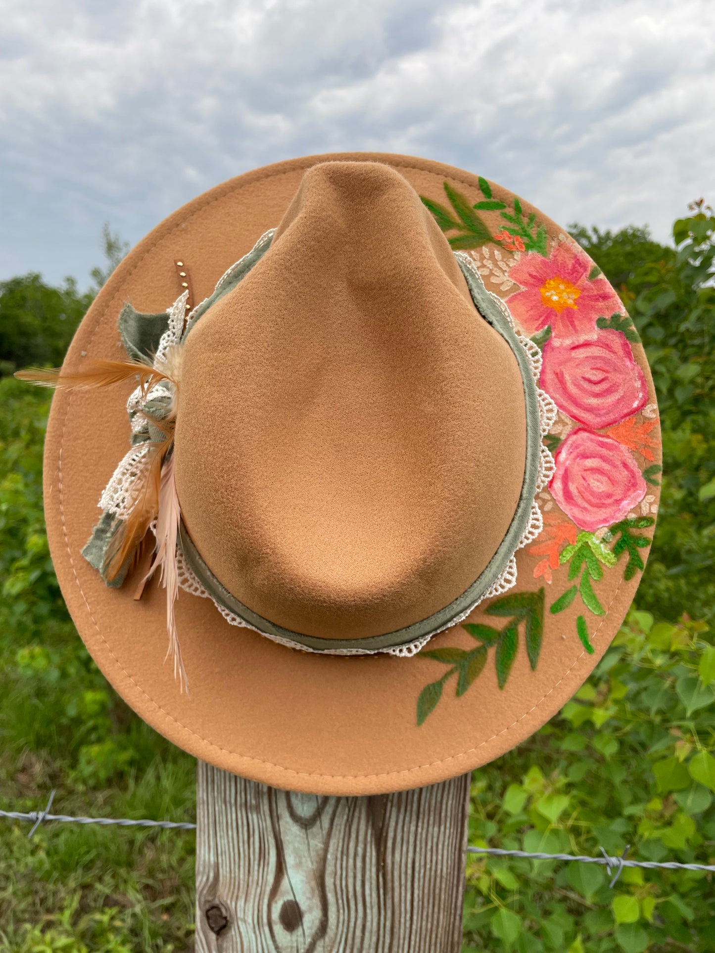 Hand Painted Tan & Sage Senorita Fedora