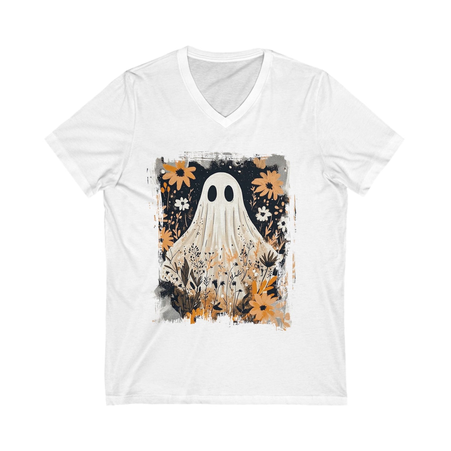 Ghostly Floral V-Neck Tee, Perfect for Halloween, Unisex Graphic T-Shirt, Casual Wear, Fall Fashion, Unique Gift Idea