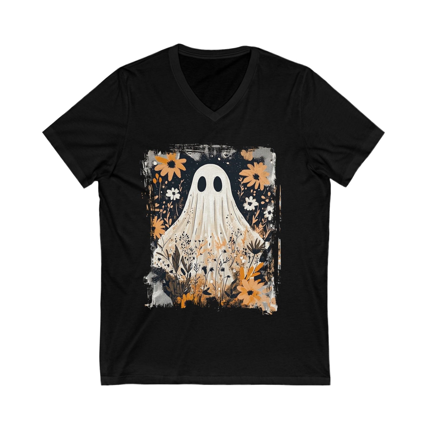 Ghostly Floral V-Neck Tee, Perfect for Halloween, Unisex Graphic T-Shirt, Casual Wear, Fall Fashion, Unique Gift Idea
