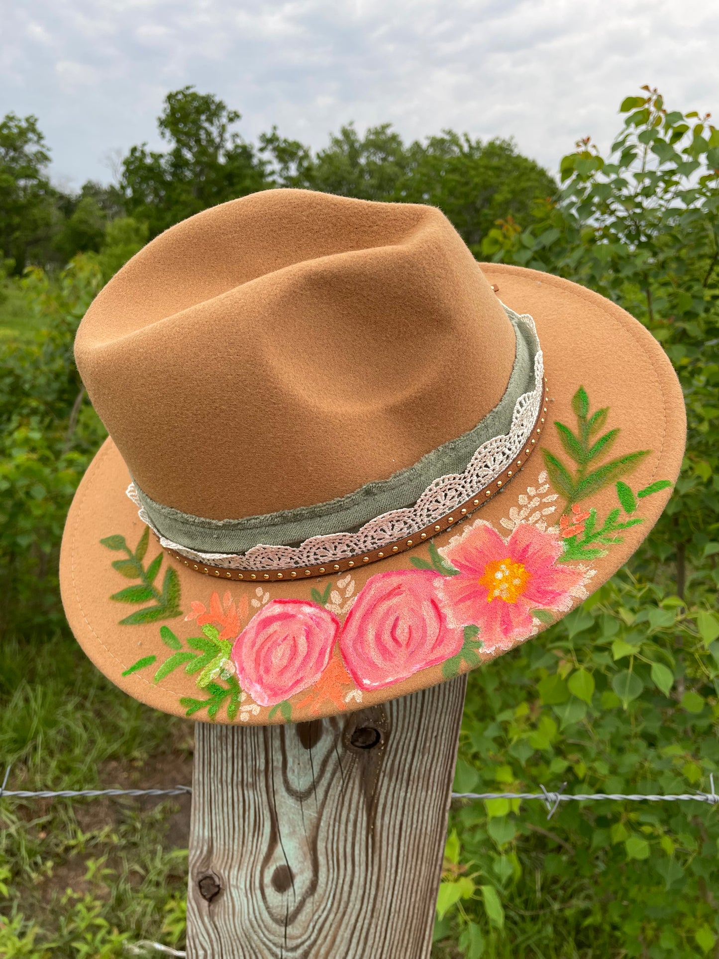 Hand Painted Tan & Sage Senorita Fedora