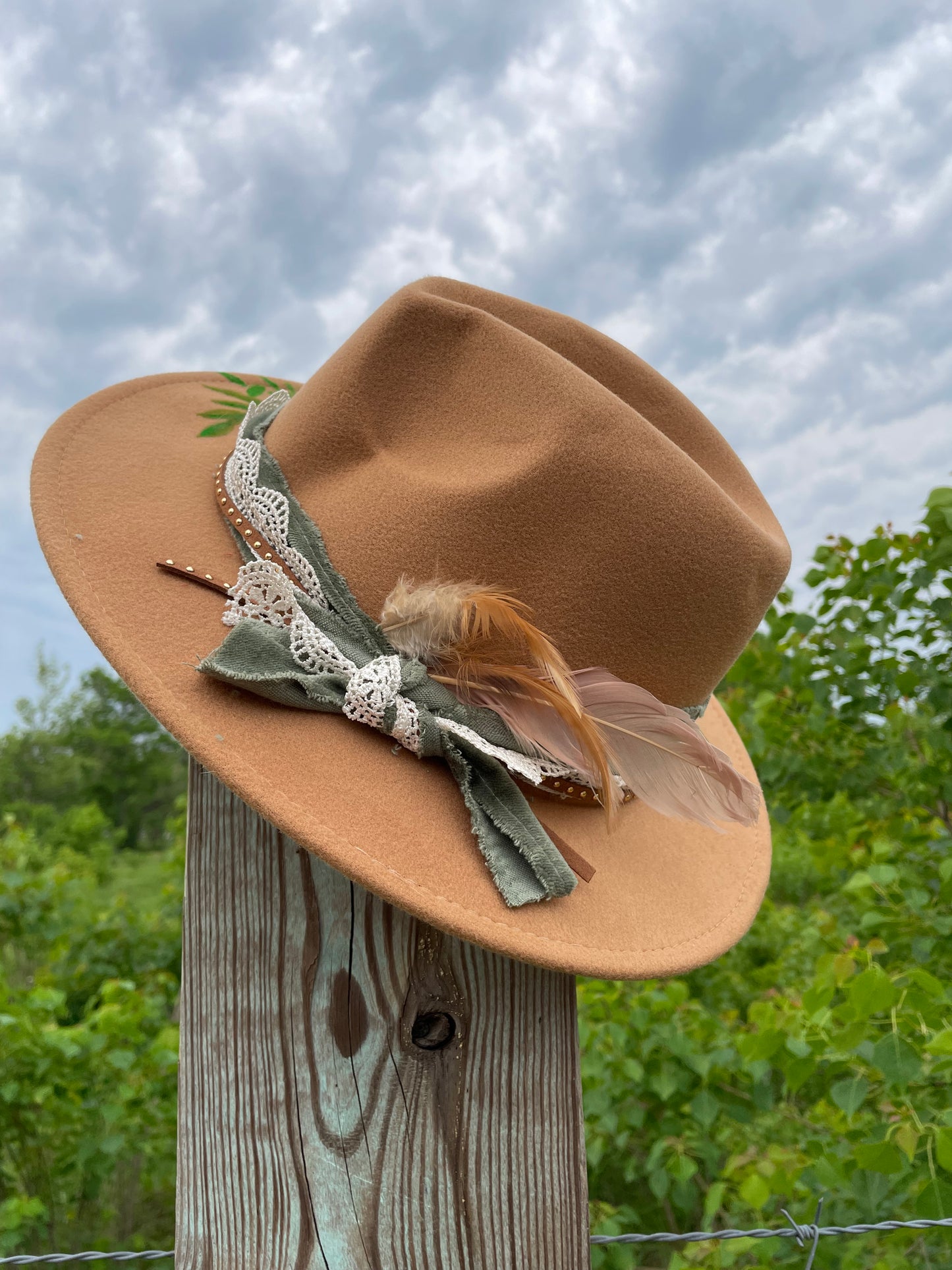 Hand Painted Tan & Sage Senorita Fedora