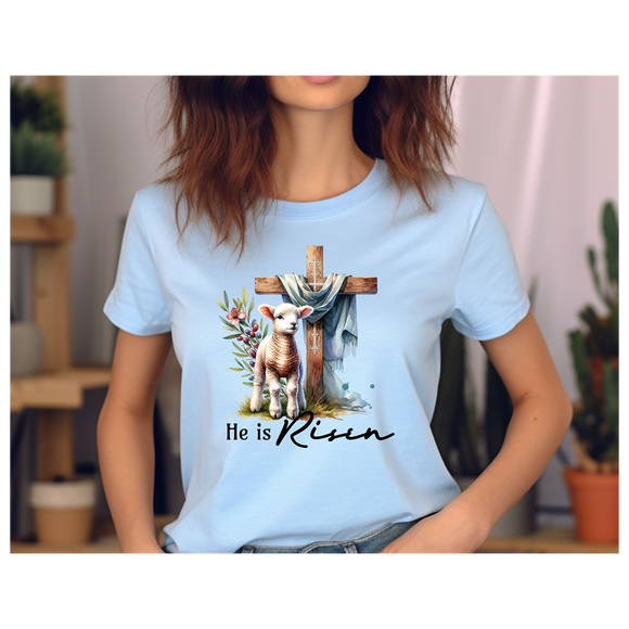 He is Risen Tee with Cross & Lamb Design