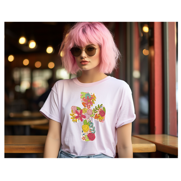 Easter Cross Tee with Colorful Flowers