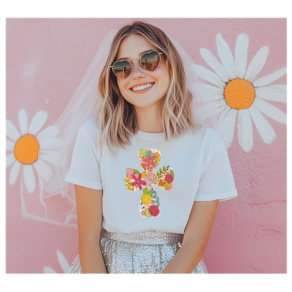 Youth Easter Tee with Floral Cross Design