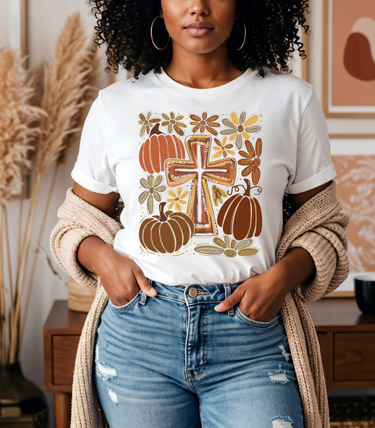 Fall Cross and Pumpkin Tee