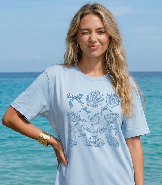 Coquette Seashell Sketch Tee — Nautical Blue Shells & Bows Graphic T-Shirt