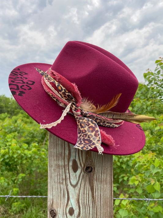 Hand Painted Burgundy Leopard Senorita Fedora
