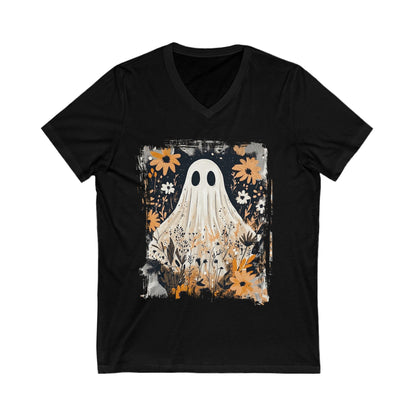 Ghostly Floral V-Neck Tee, Perfect for Halloween, Unisex Graphic T-Shirt, Casual Wear, Fall Fashion, Unique Gift Idea