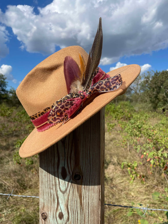 Tan & Burgundy Leopard Senorita Fedora